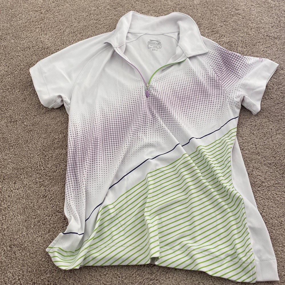 golf shirt size small white, lime green, purple quarter zip short sleeve collar